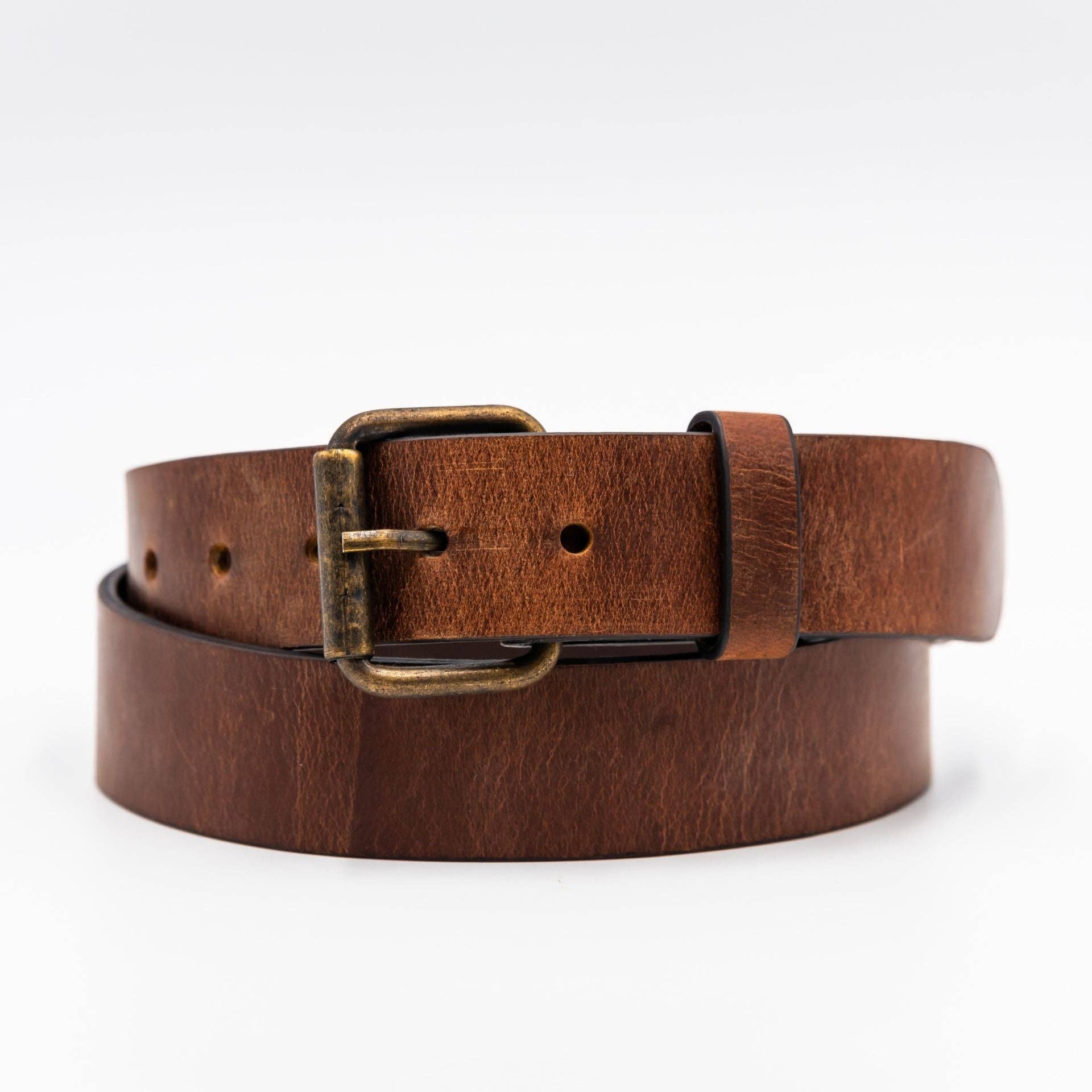 Image of Ceinture brune robuste en cuir pleine fleur avec boucle en laiton amovible