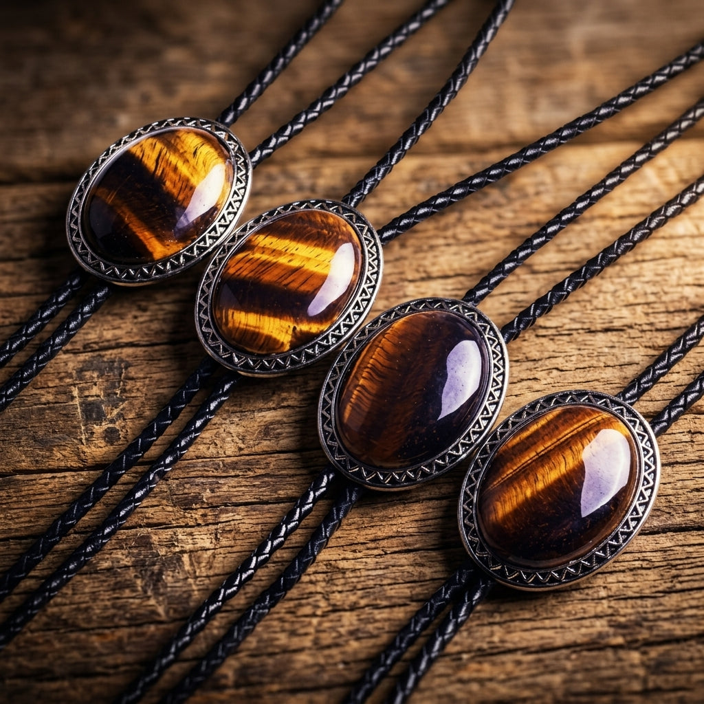 Image of Cravate bolo western en véritable œil de tigre