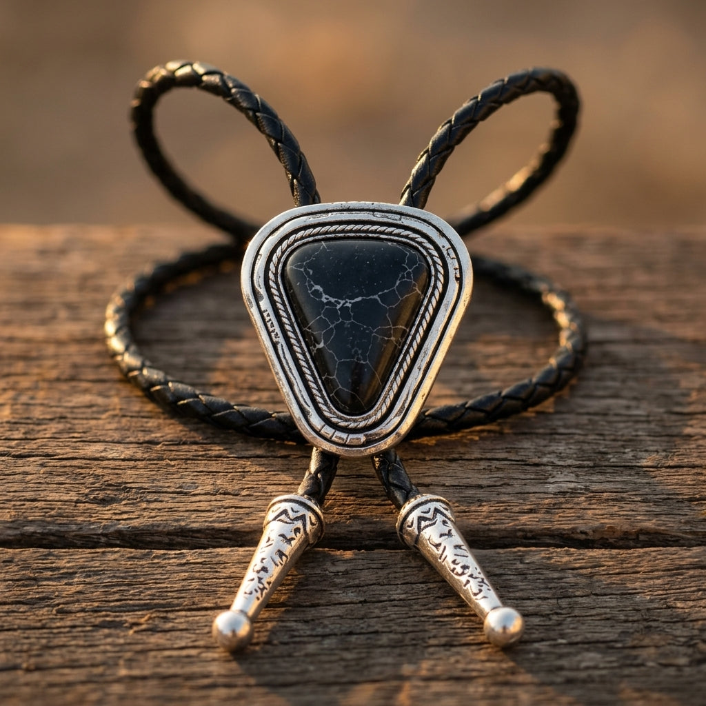 Image of Cravate bolo Western triangle en onyx noir