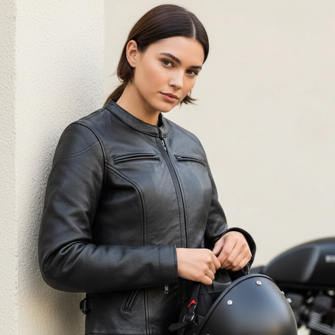 Image of Woman in black leather jacket holding a helmet with a motorcycle in the background