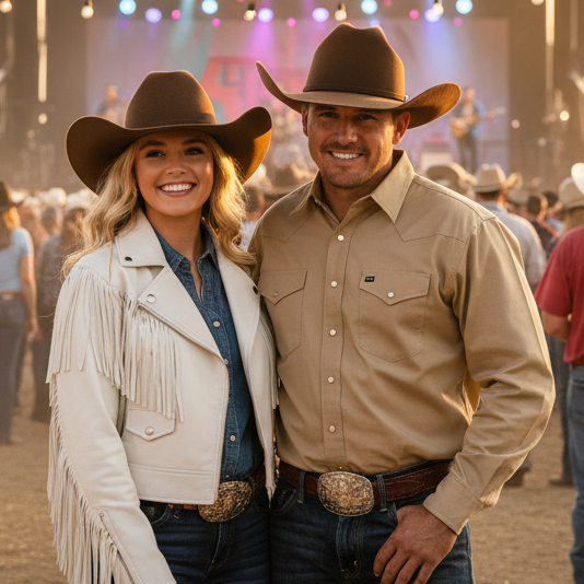 Image of Man and woman in cowboy hats and western attire standing together at a lively event.