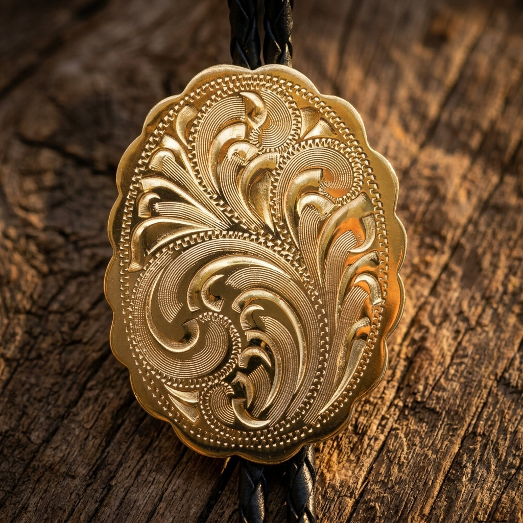 Image of Cravate bolo western dorée à motif gravé