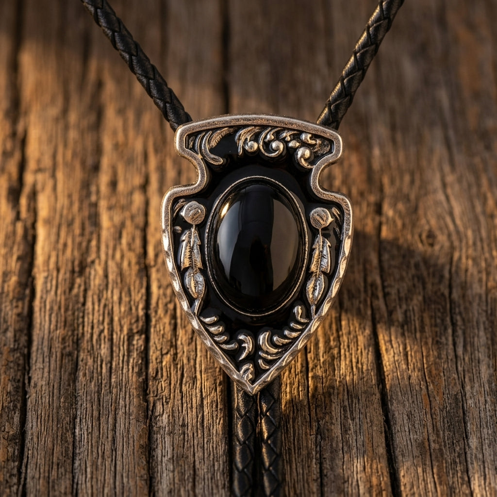 Image of Cravate bolo Western flèche en onyx noir