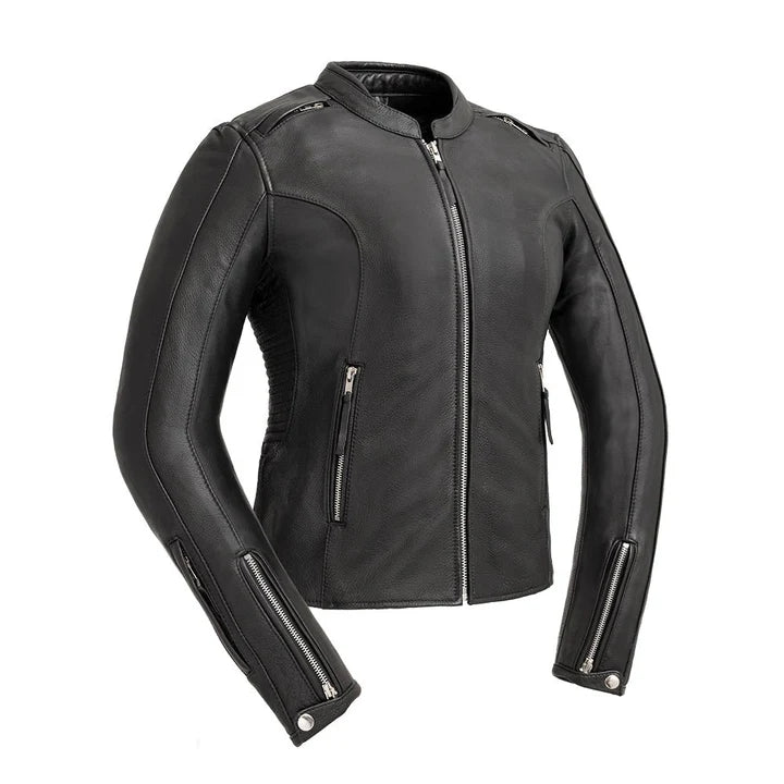Image of Black leather jacket with zippers on a white background