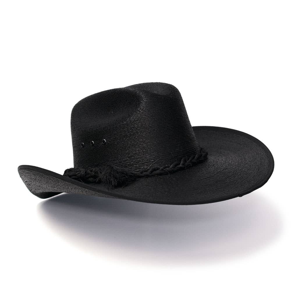 Image of Black Palm Straw Western Hat with Cattleman Crease and Upturned Brim