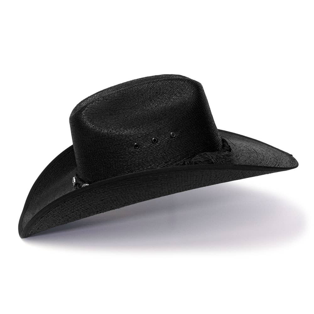 Image of Black Palm Straw Western Hat with Cattleman Crease and Upturned Brim