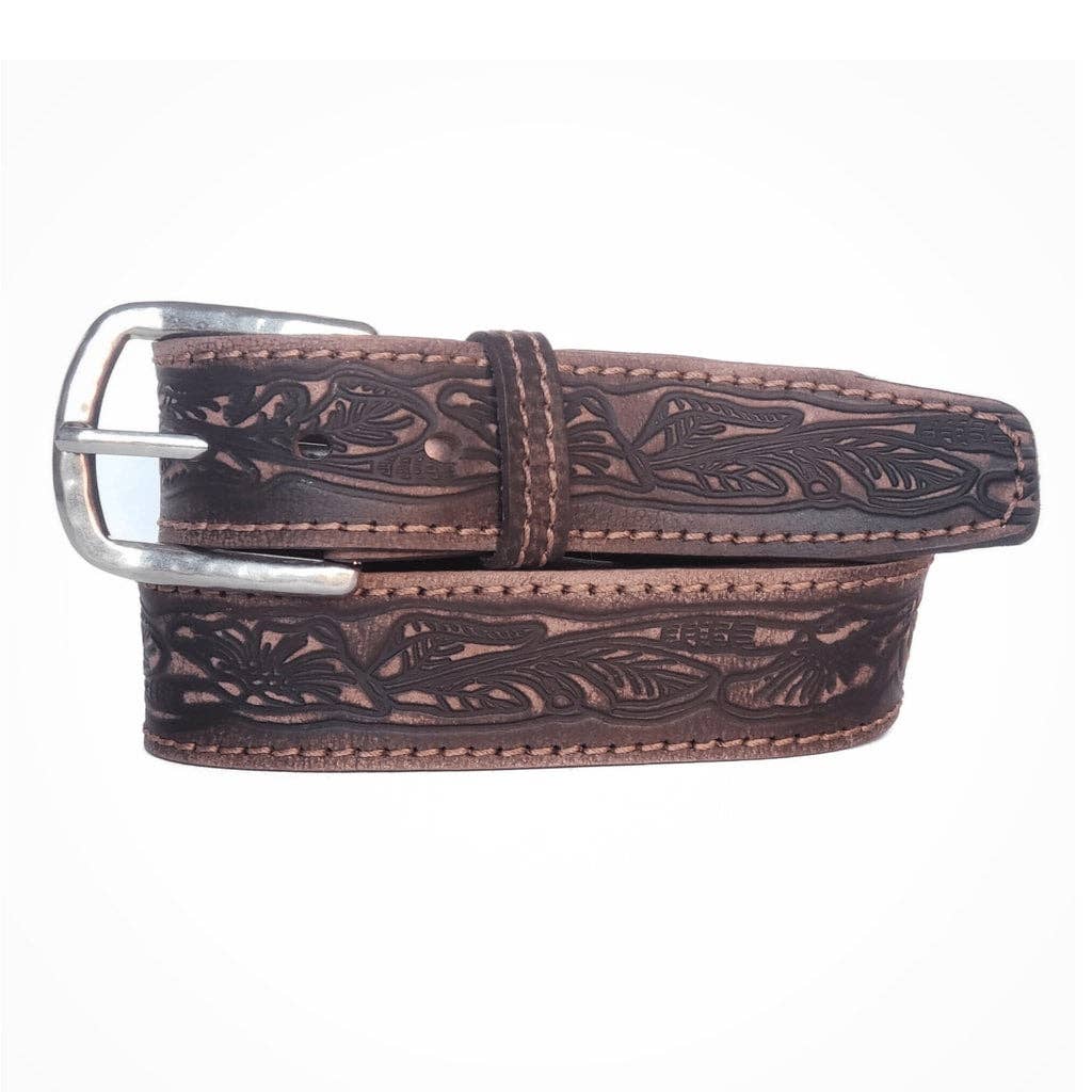 Image of Brown leather belt with intricate patterns and a silver buckle on a white background