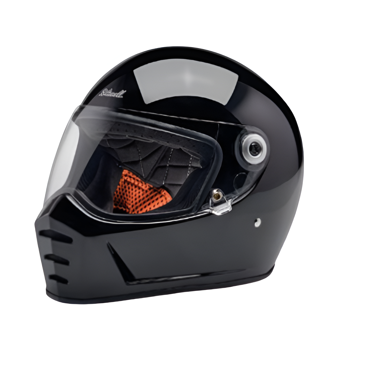 Image of Black motorcycle helmet with clear visor on a white background