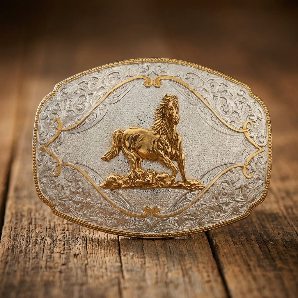 Image of Gold Flourish Western Belt Buckle with Galloping Horse