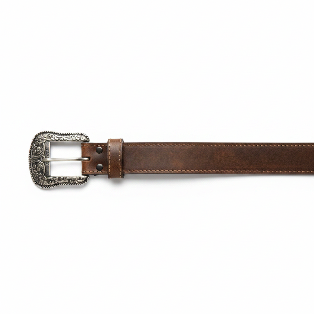 Image of Ceinture western en cuir brun avec boucle gravée - A1523402