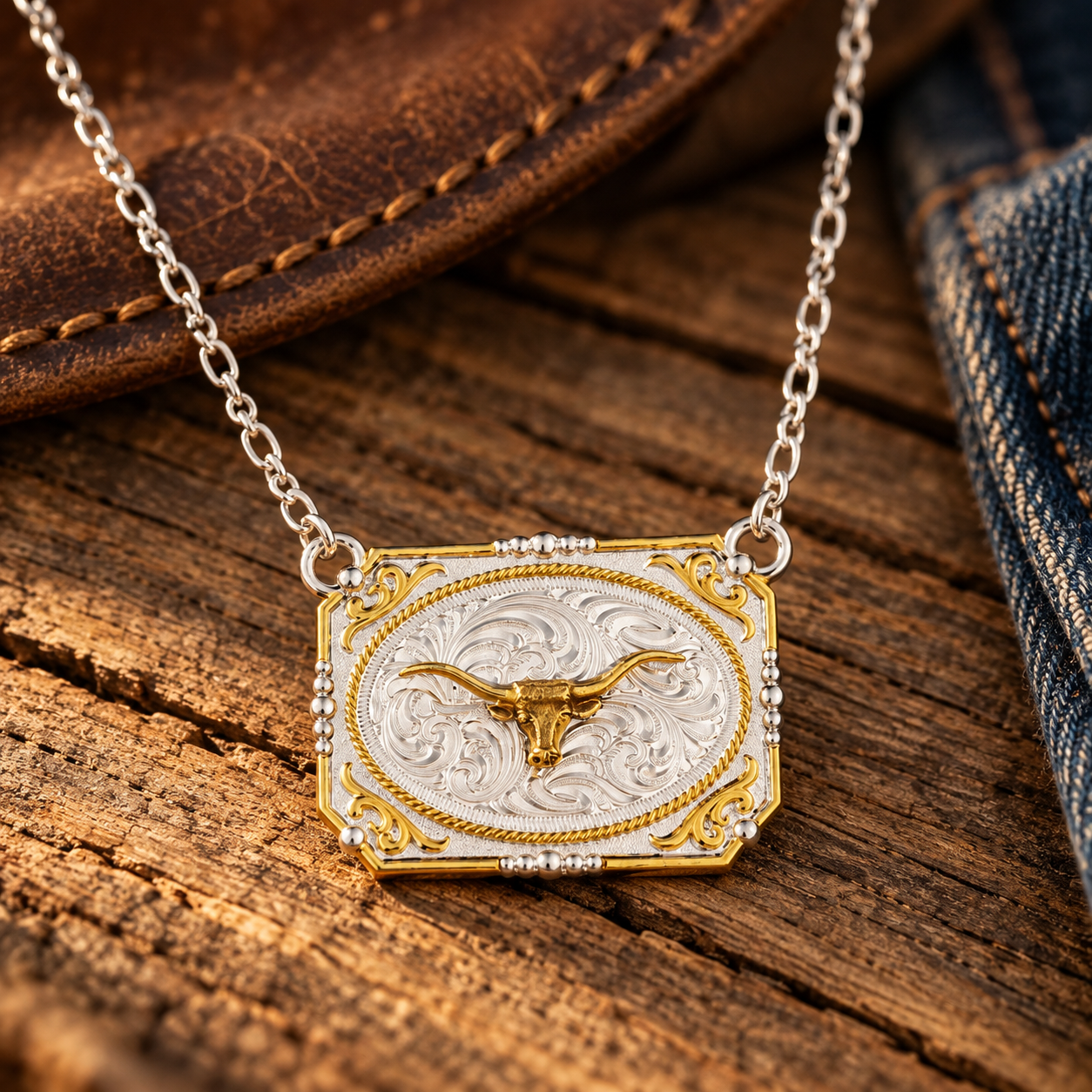 Image of Western longhorn buckle necklace — lifestyle