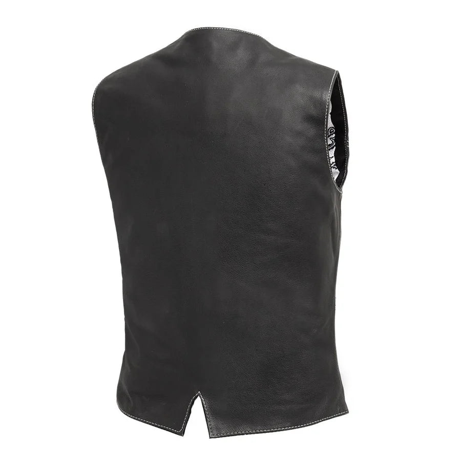Image of Black leather vest on a white background