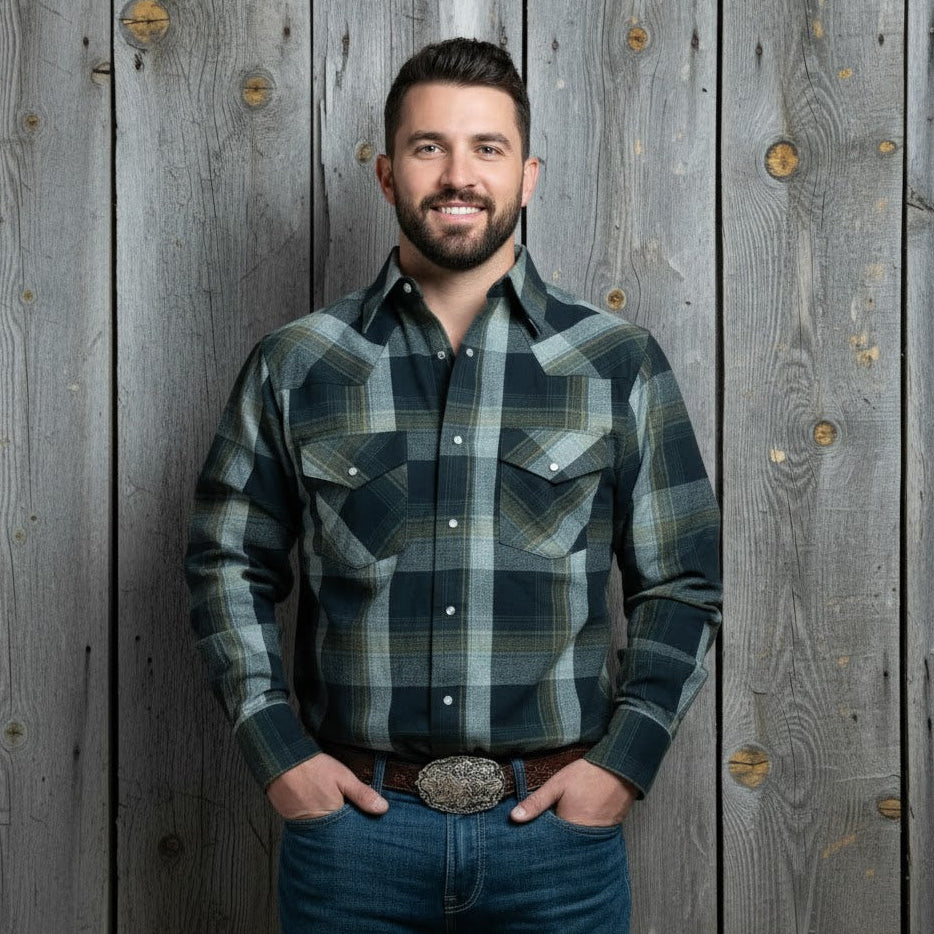 Image of Flannel Snap Shirt - Olive - Men