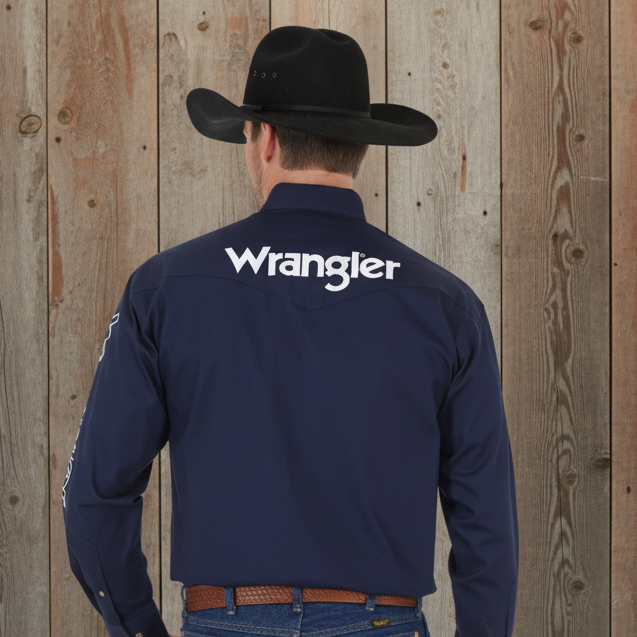 Image of Person wearing a navy blue Wrangler shirt and jeans against a wooden background