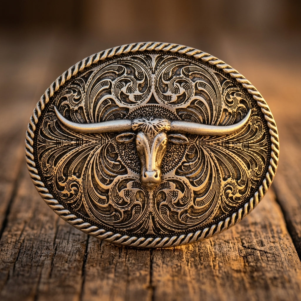 Image of Oval Longhorn Classic Antiqued Attitude Belt Buckle