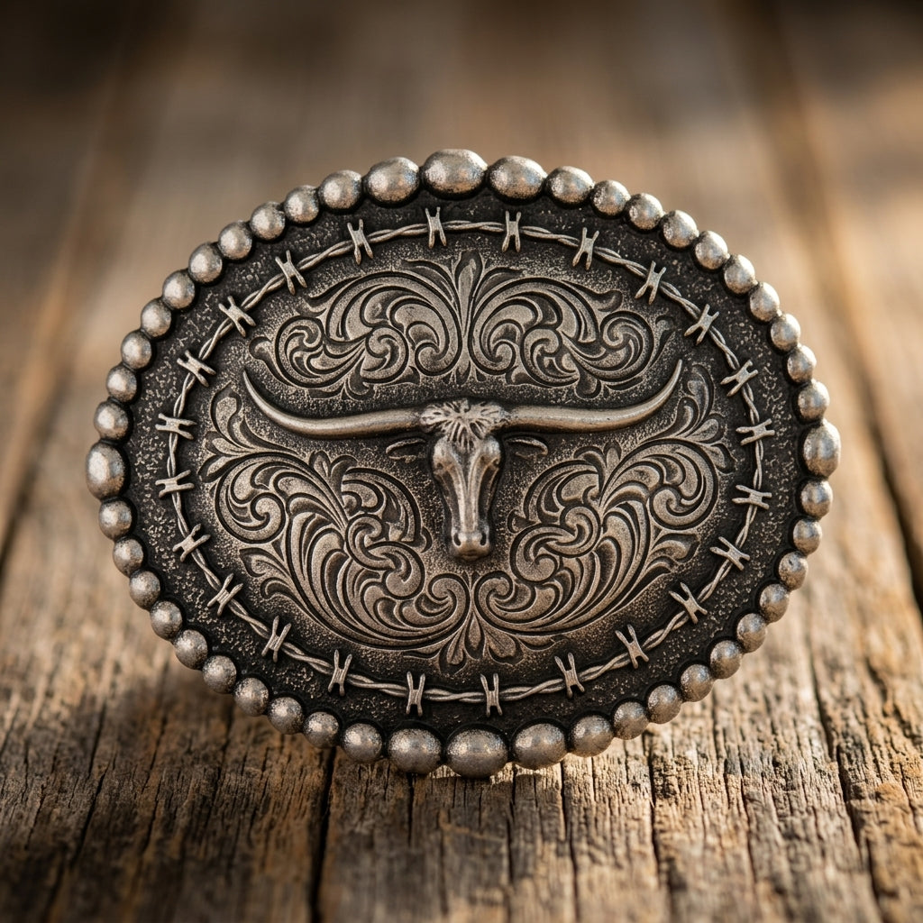 Image of Rustic Barbed Wire Longhorn Buckle