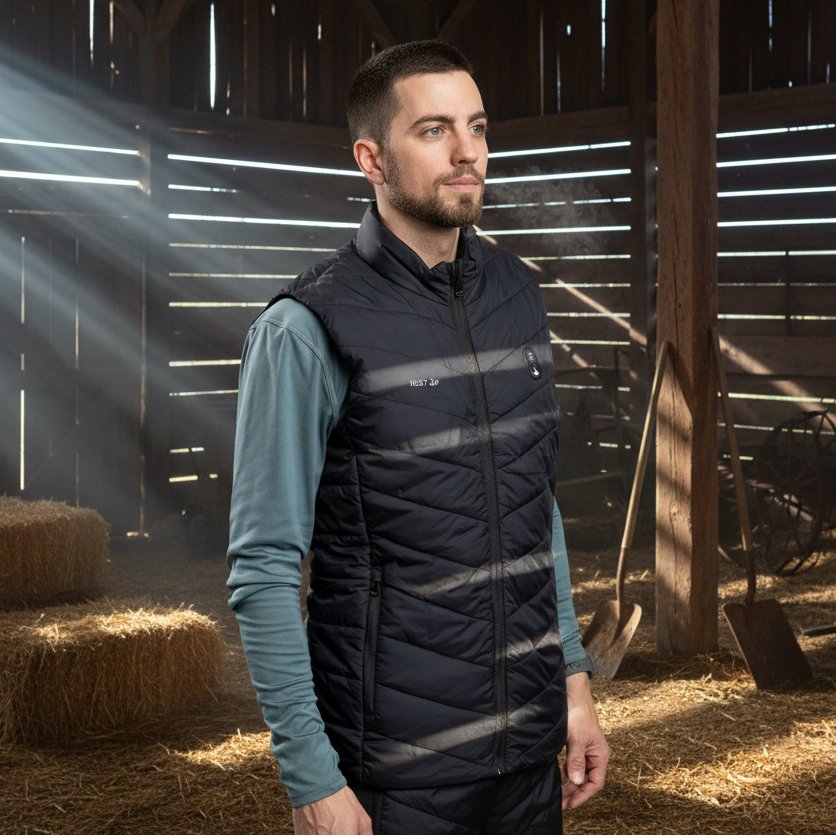 Image of Man wearing a black puffer vest standing in a barn with sunlight streaming through the slats.