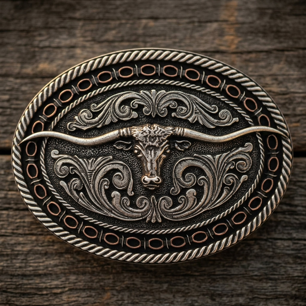 Image of Two Tone Antiqued Round Barbed Longhorn Attitude Buckle