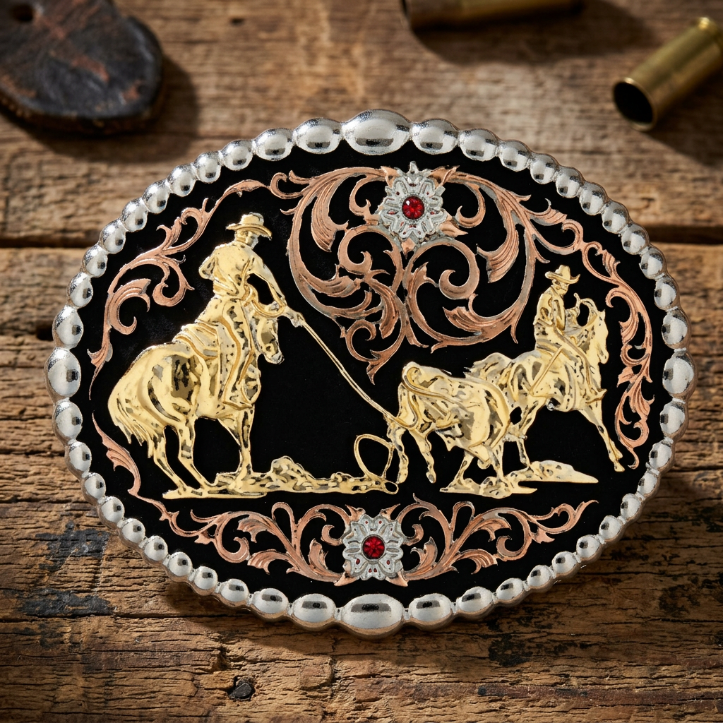 Image of An oval western belt buckle featuring a black enamel background with gold and rose gold metal inlay depicting a cowboy on horseback and cattle, accented with small red gemstones.