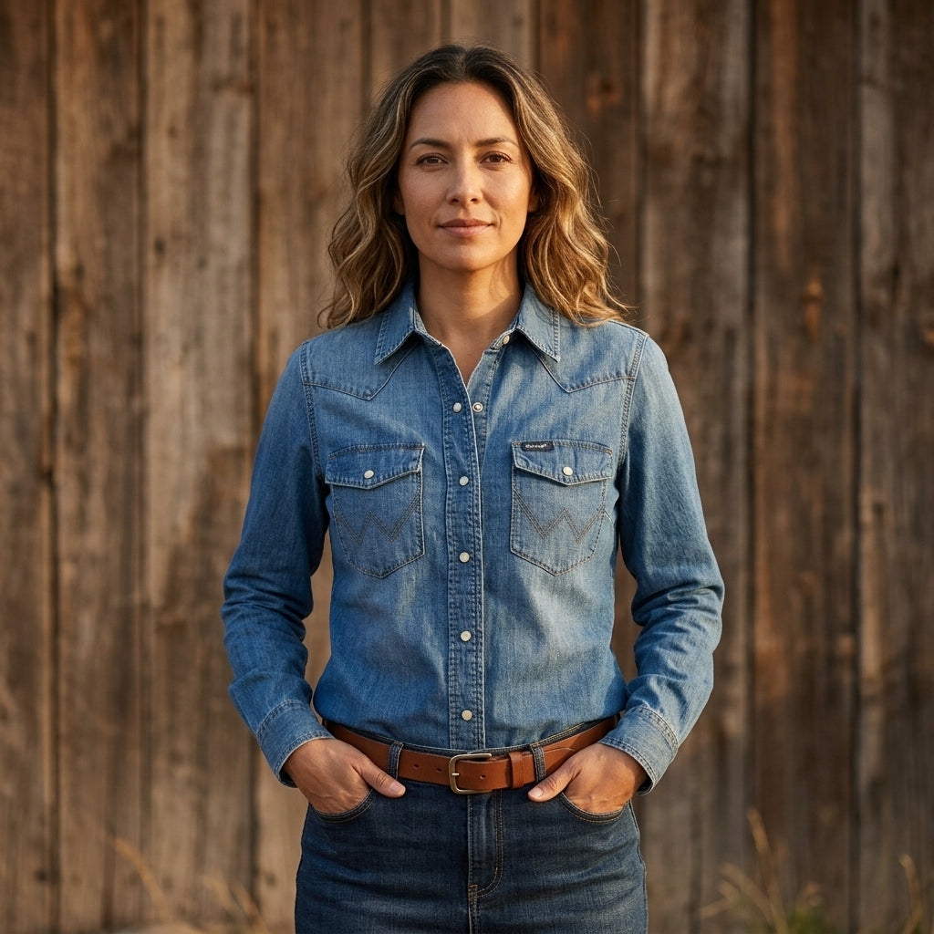 Image of Chemise en denim à boutons pression pour femme, Denim pâle