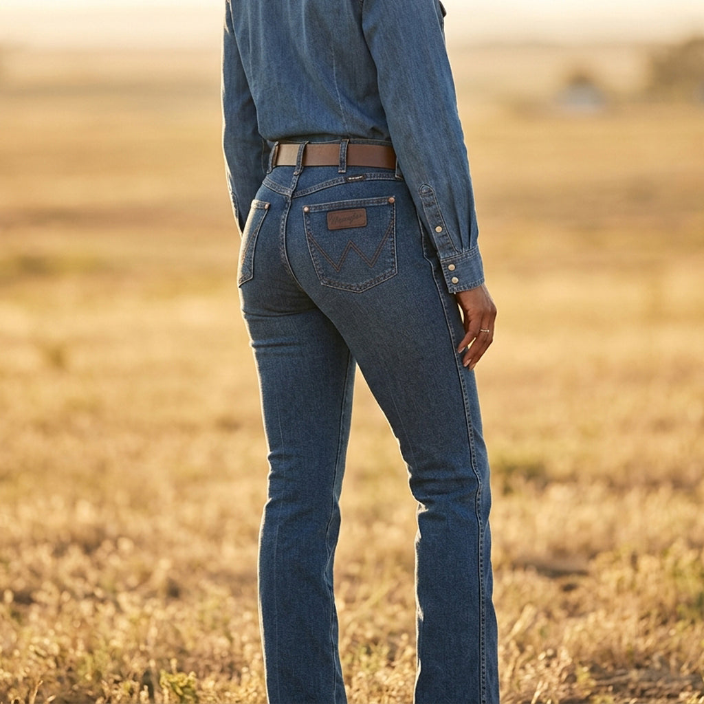Image of Person wearing blue jeans standing in a field with a blurred background